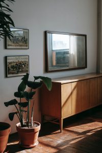 wooden racks in the bedroom with TV and plants as part of the decor items